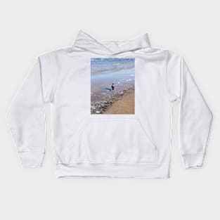 Grey crow walking in sea water near seacoast Kids Hoodie